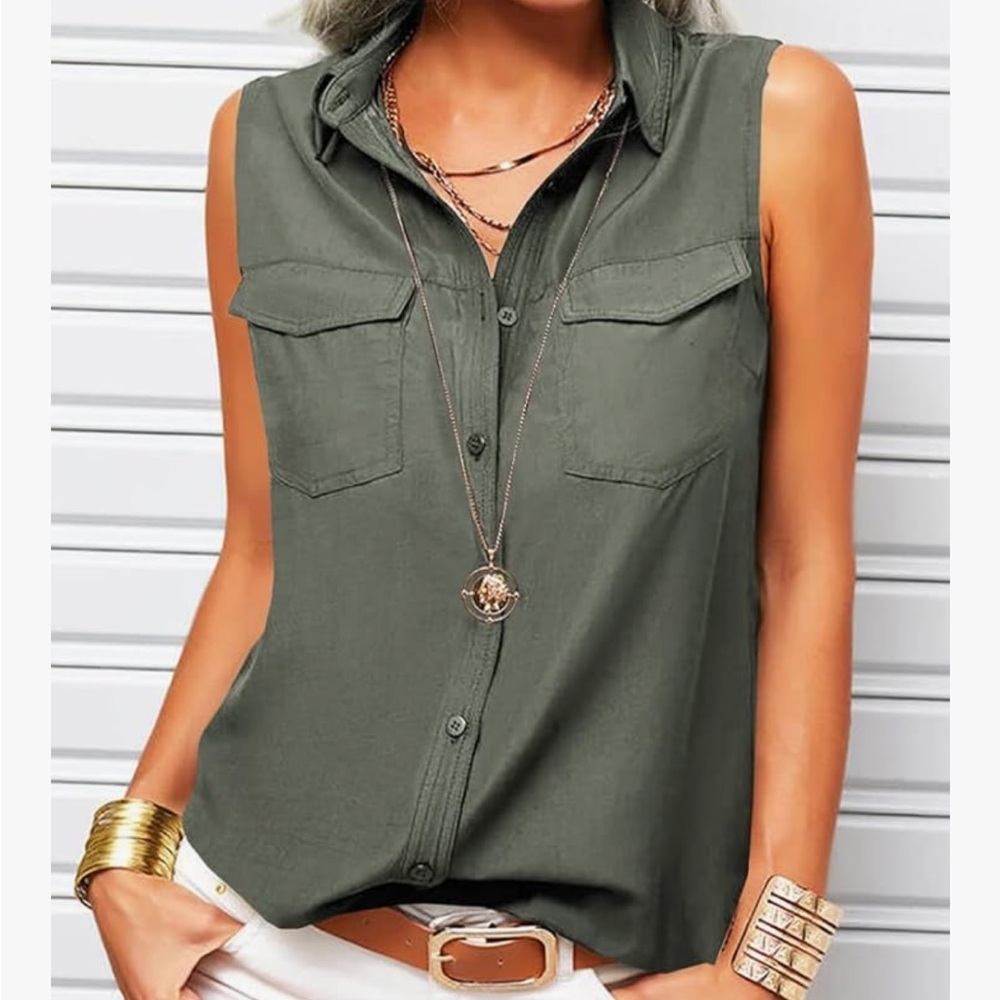 Women's Sleeveless Button-Down Shirt in Army Green